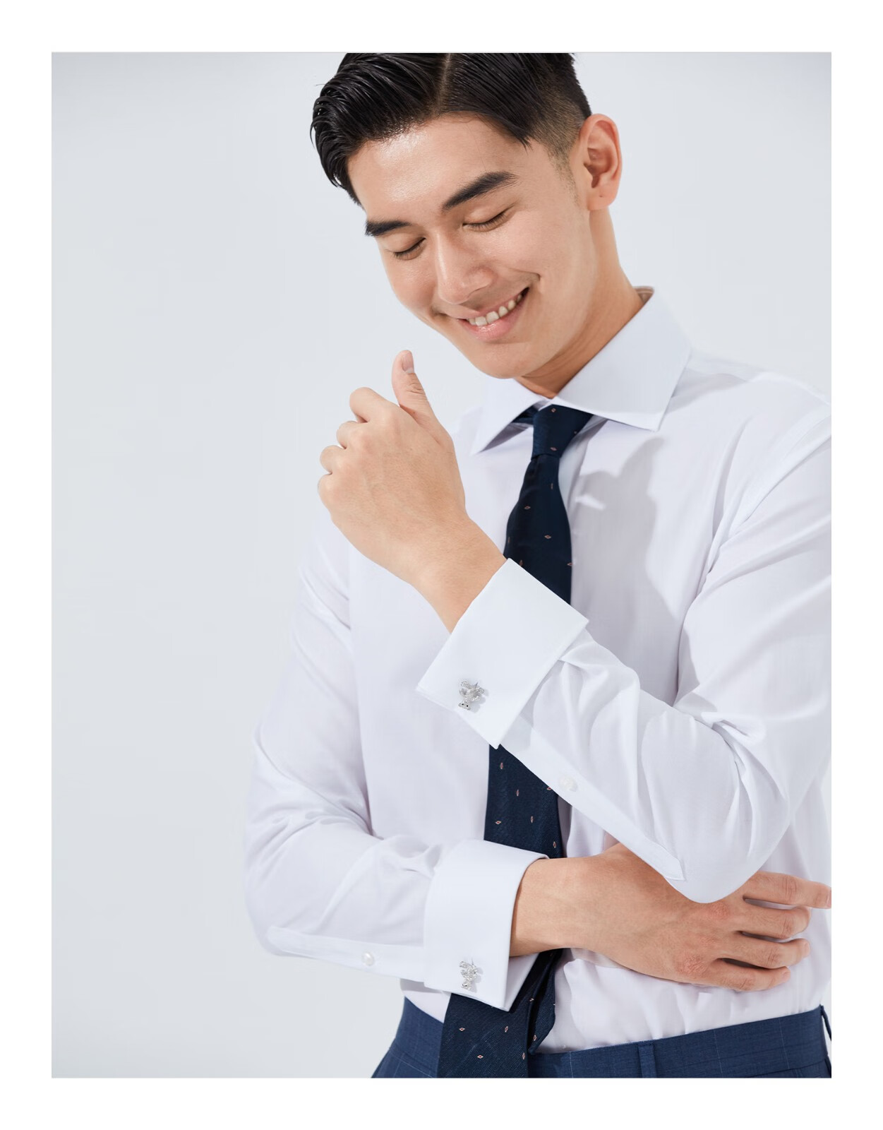 hany意式温莎领免烫法式白衬衫男高领袖扣袖口复古男士西装衬衣秋丹宁