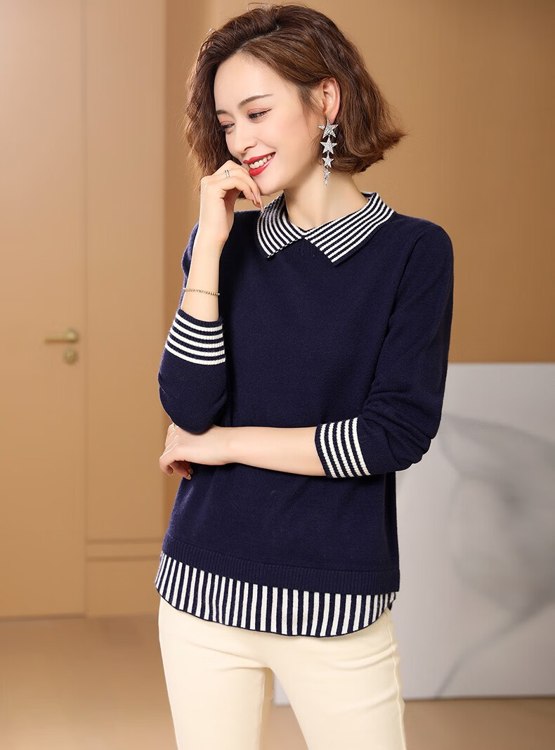 衣手衣百针织女套头娃娃领毛衣打底衫冬新品女式百搭洋气拼色服装甜美