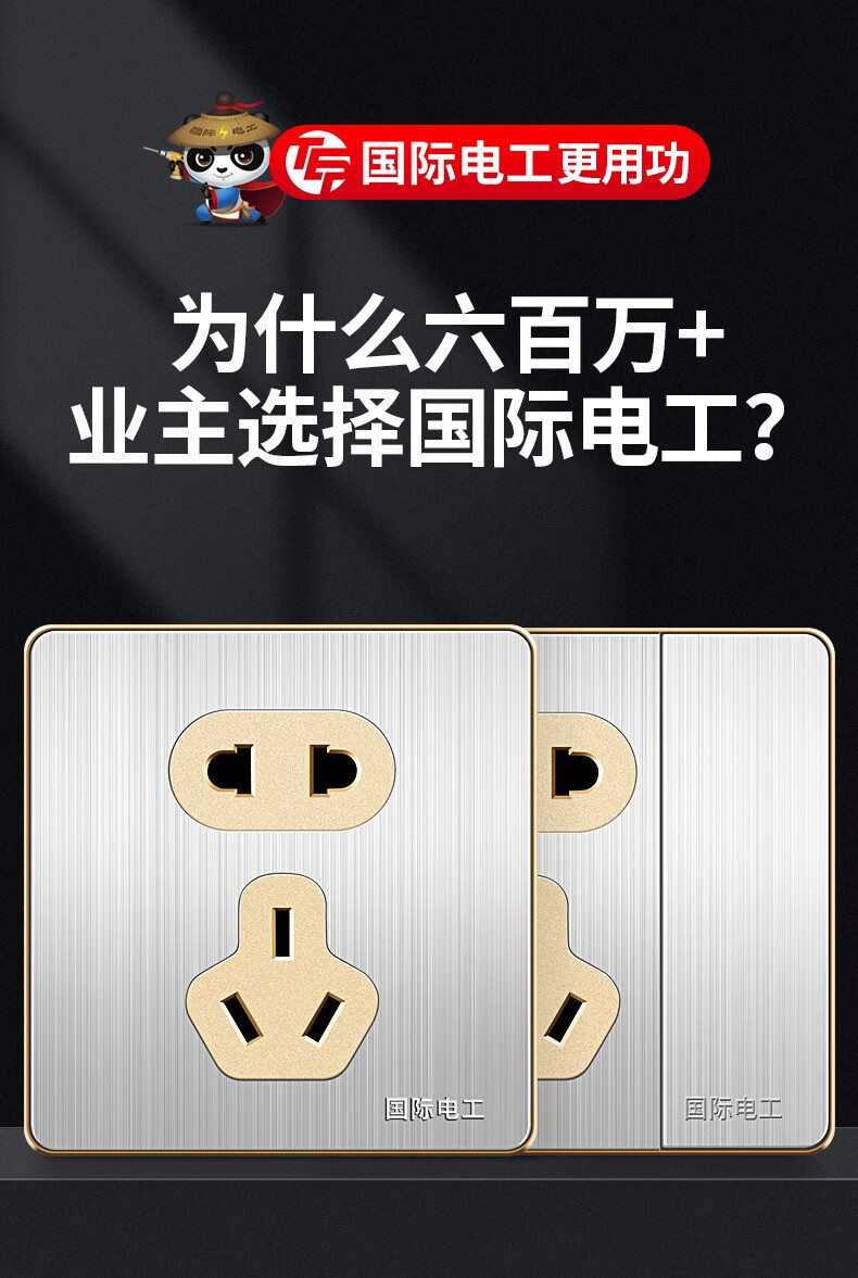 国际电工不锈钢拉丝开关插座86型家用墙式多孔电源插座一开带五孔面板