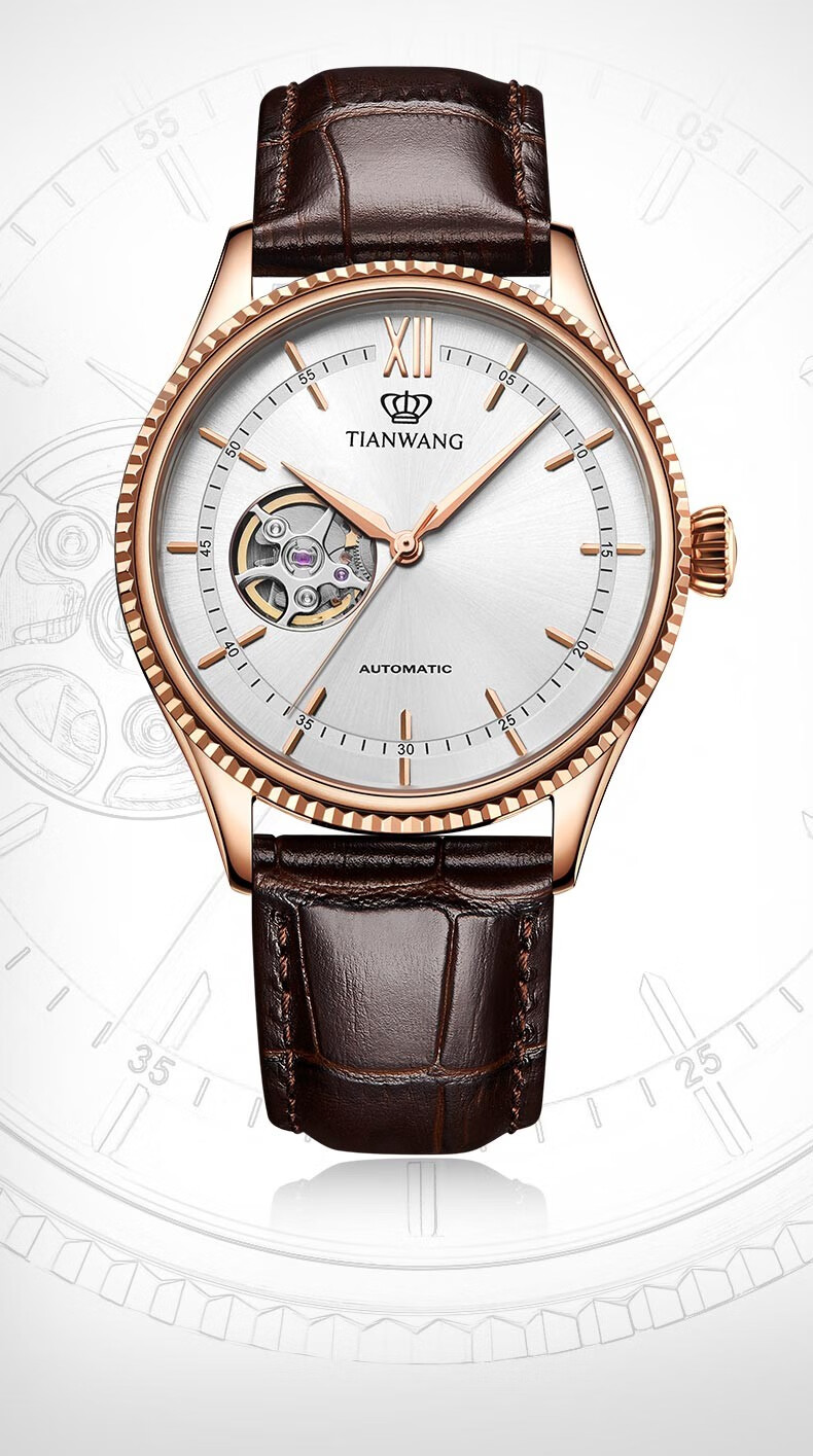 天王表tianwang手表男表全自动机械表镂空皮带钢带男士手表黑盘黑钢带