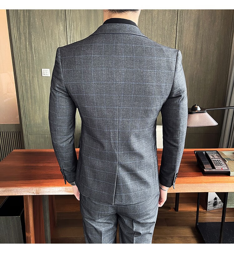 瑾丹双开叉格子西装套装男士韩版修身潮流正装西服商务上班休闲新郎