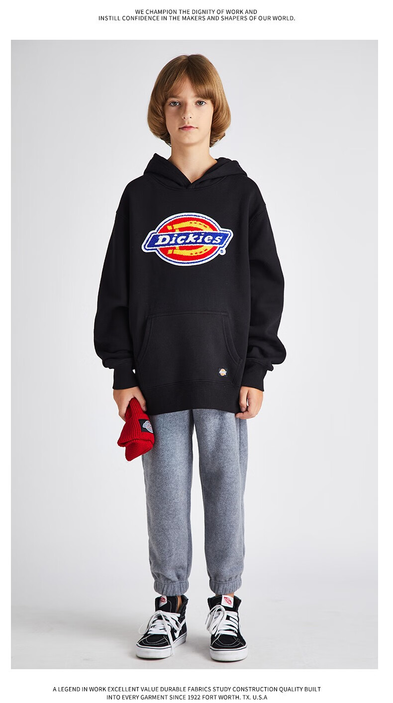 dickies童装卫衣男女中大潮童冬logo毛巾绣抓绒加厚保暖宽松连帽套头