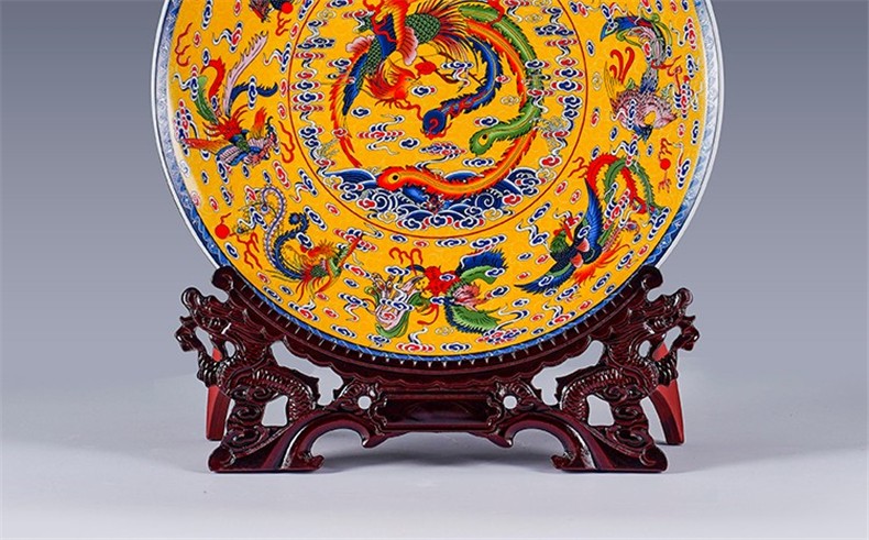 雅言陶瓷景德镇陶瓷器装饰座盘九龙九凤图挂盘带支架装饰盘子赏盘现代