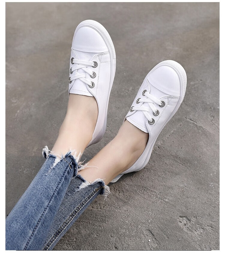 牛皮小白鞋女2020年夏季新款一脚蹬软皮踩脚两穿全白头层牛皮显瘦黑色