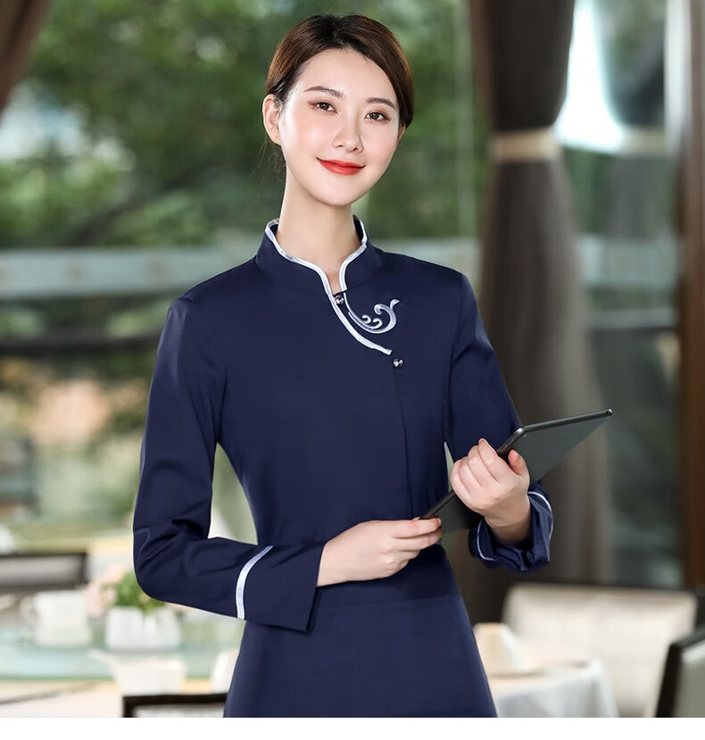 新中式餐厅服务员工作服长袖秋冬装 茶楼饭店酒楼火锅店前厅员工服装