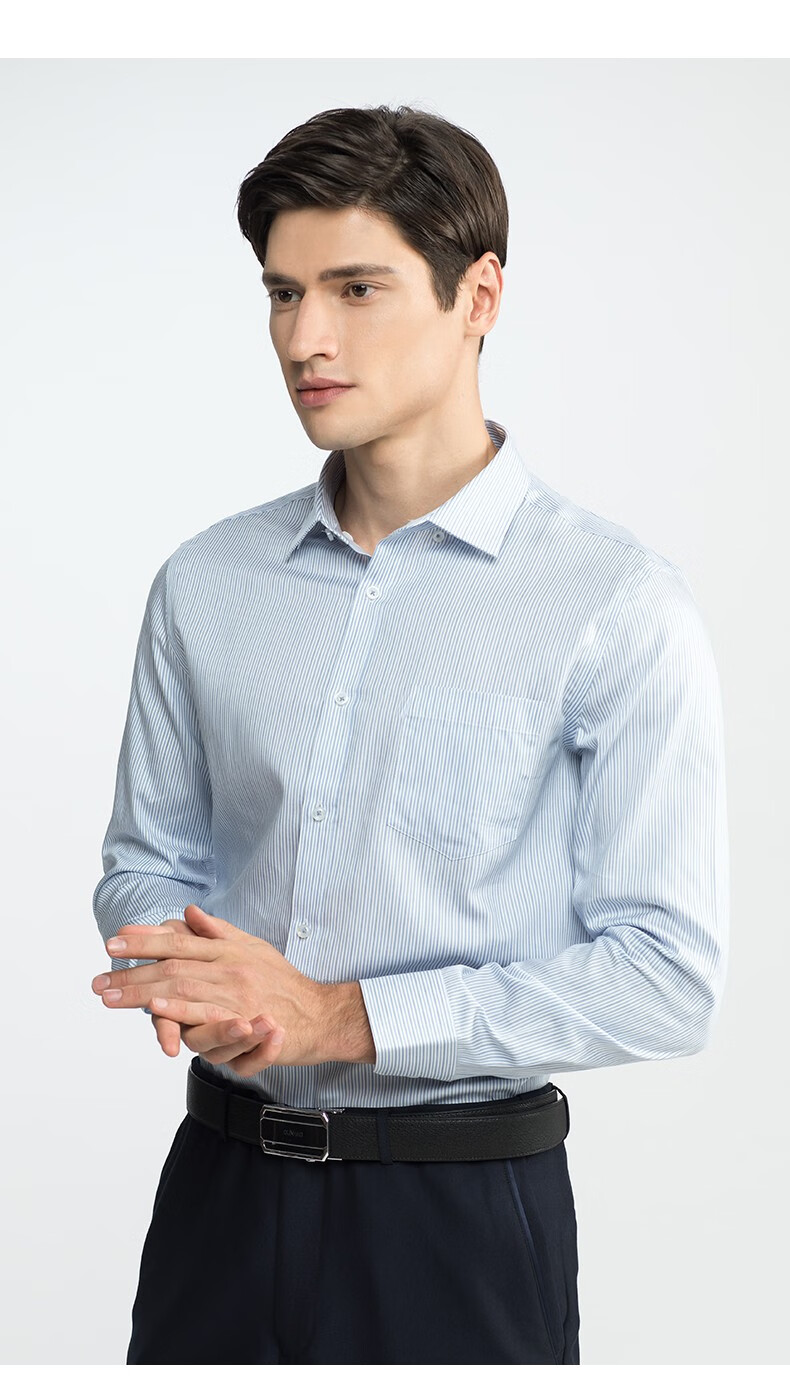 群豪时尚翻领长袖衬衫中青年男士商务上衣竖纹工装职业正装衬衣 浅紫