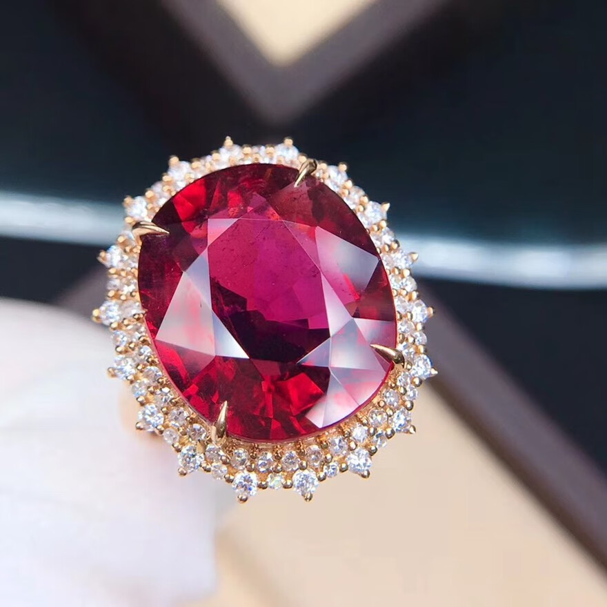 俊辰珠宝天然碧玺戒指18k金红碧玺戒指天然碧玺戒指全晶体戒面火彩超