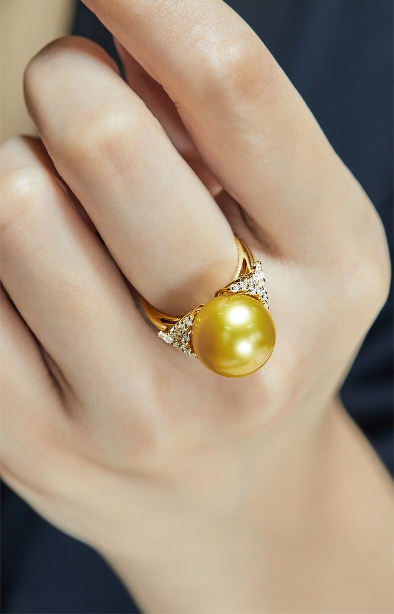 莫氏珠宝澳洲珍珠戒指南洋金珠戒指18k金钻石海水珍珠正圆极强光浓