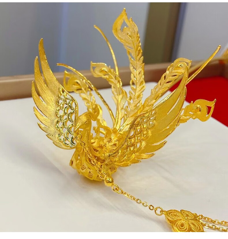 9足金轻奢发簪古风头饰凤凰 黄金头饰复古婚嫁婚礼凤簪结婚礼物 黄金