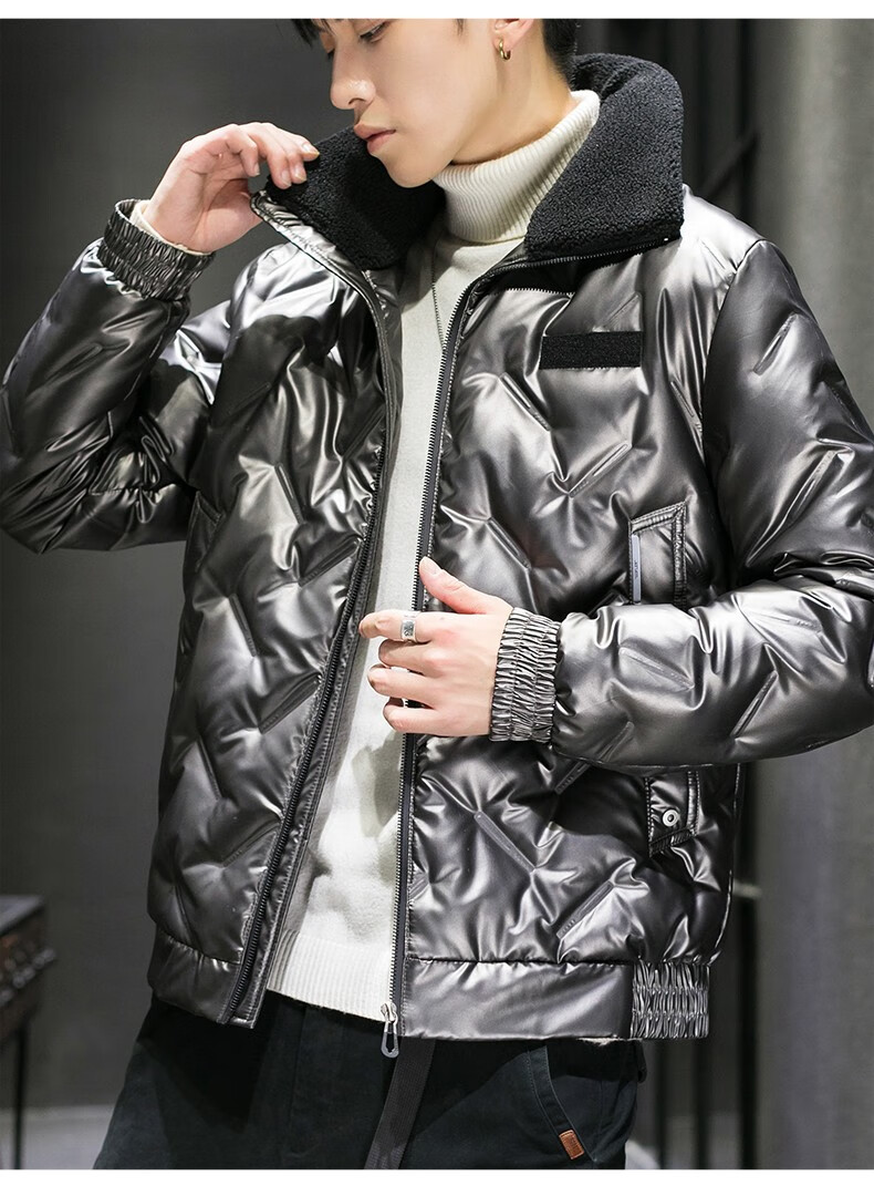 北极绒羽绒服男2021冬季新品立领潮流亮面外套男装休闲保暖外衣黑色m