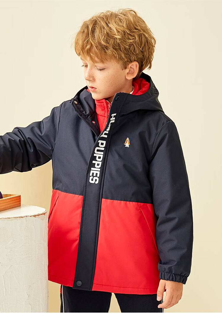 暇步士童装可拆卸棉服男童2021年冬装新款中大童连帽撞色拼接摇粒绒