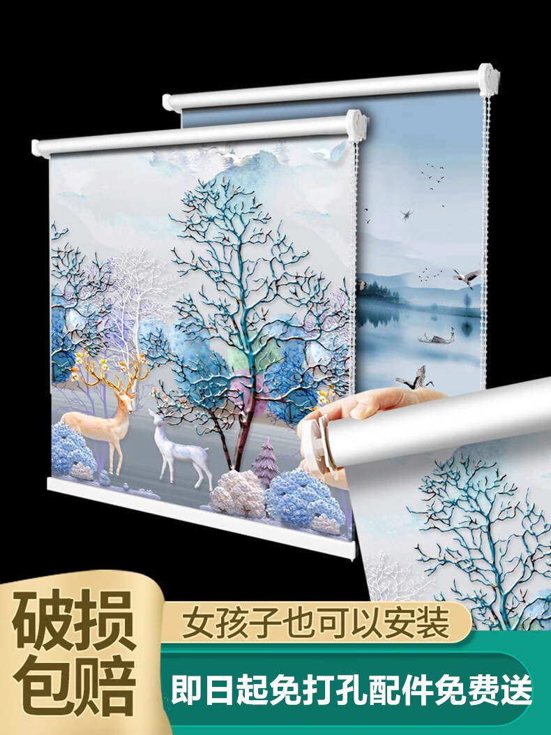 柏拉图彩绘卷帘画定制隔热窗帘升降免打孔卫生间办公室厨房遮光防水拉