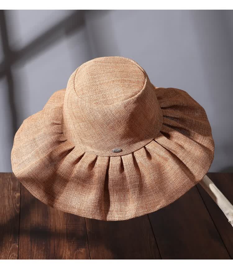 手工美式复古赫本风超大檐防晒折叠帽子深茶色12cm大帽檐常规码5658cm