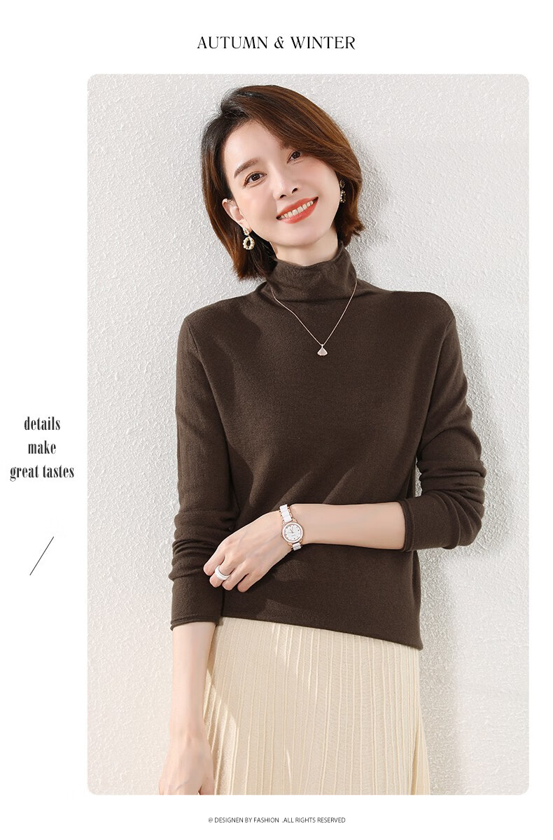 Hengyuanxiang 100% Pure Wool Women's Sweater Autumn Winter Turtleneck Thin Fashion Casual Knitwear Versatile Base Shirt Top 16