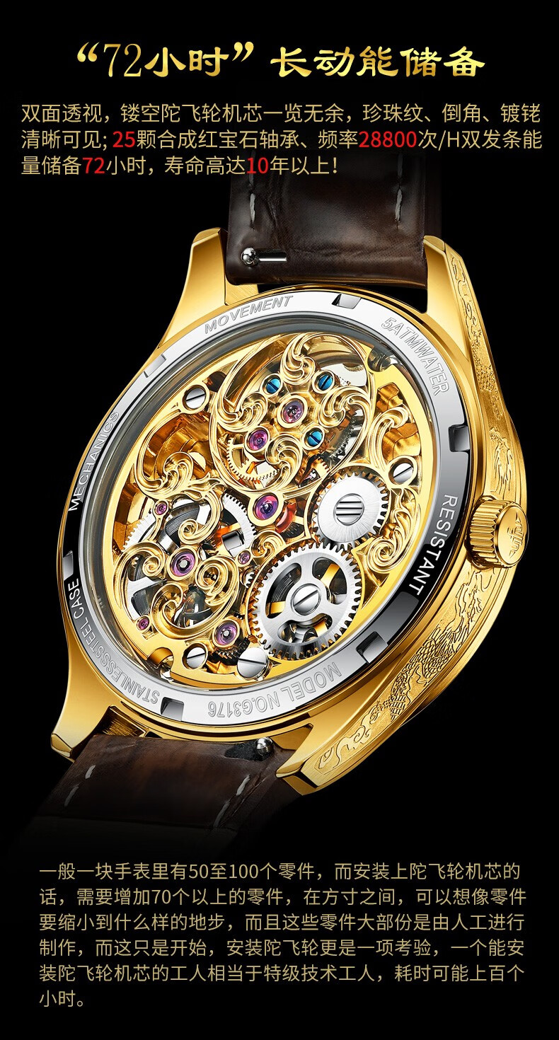 手表镂空机械表夜光防水男表商务轻奢龙表欧品客3176陀飞轮黑皮全金色