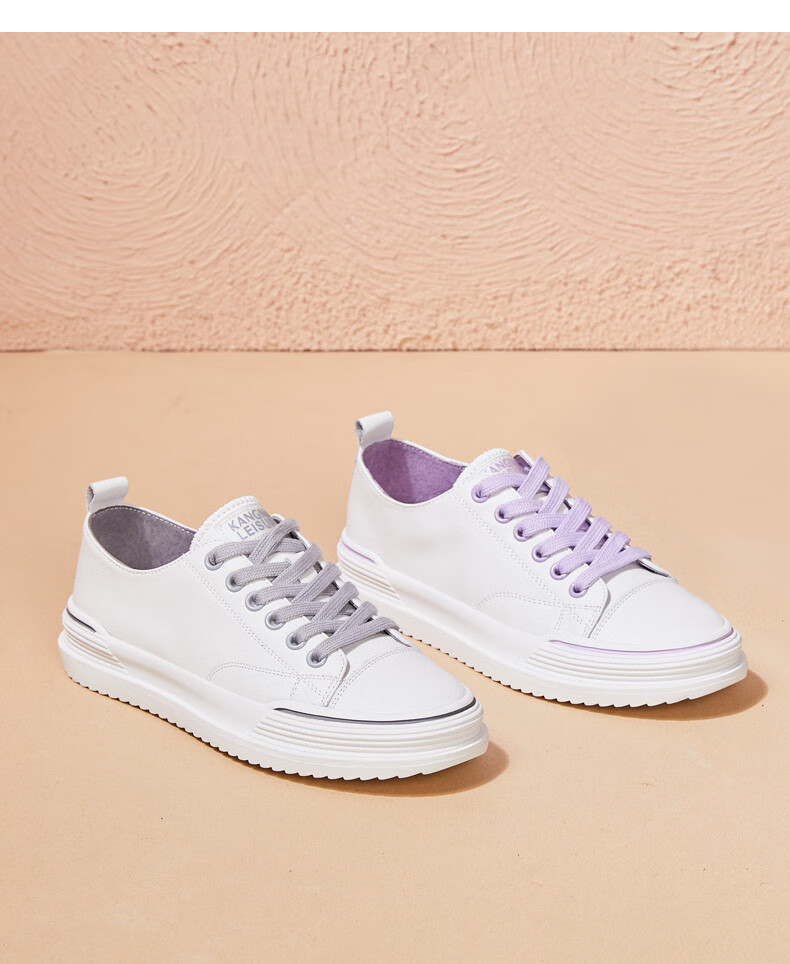 康奈女鞋春秋新款女士牛皮休闲鞋百搭圆头系带潮流拼色休闲板鞋