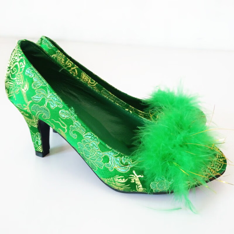 绿色毛球婚鞋女鞋上轿鞋粗跟绿鞋红鞋结婚鞋新娘鞋孕妇伴娘鞋蓝色