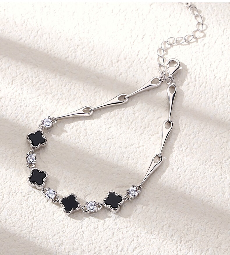 瑞德罗曼四叶草手链女镶天然黑玛瑙白金色手镯轻奢时尚饰品生日礼物送
