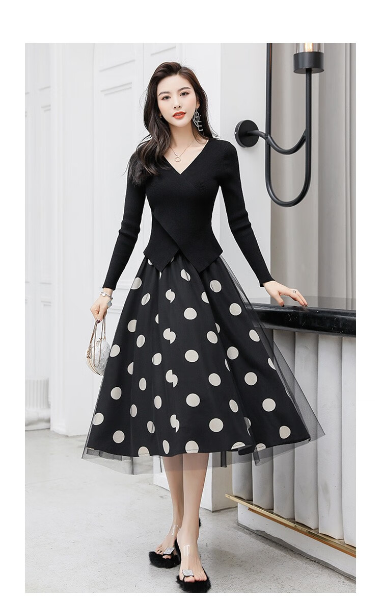 x&j品牌两件套连衣裙女2020秋装新款韩版时尚过膝中长款大波点修身