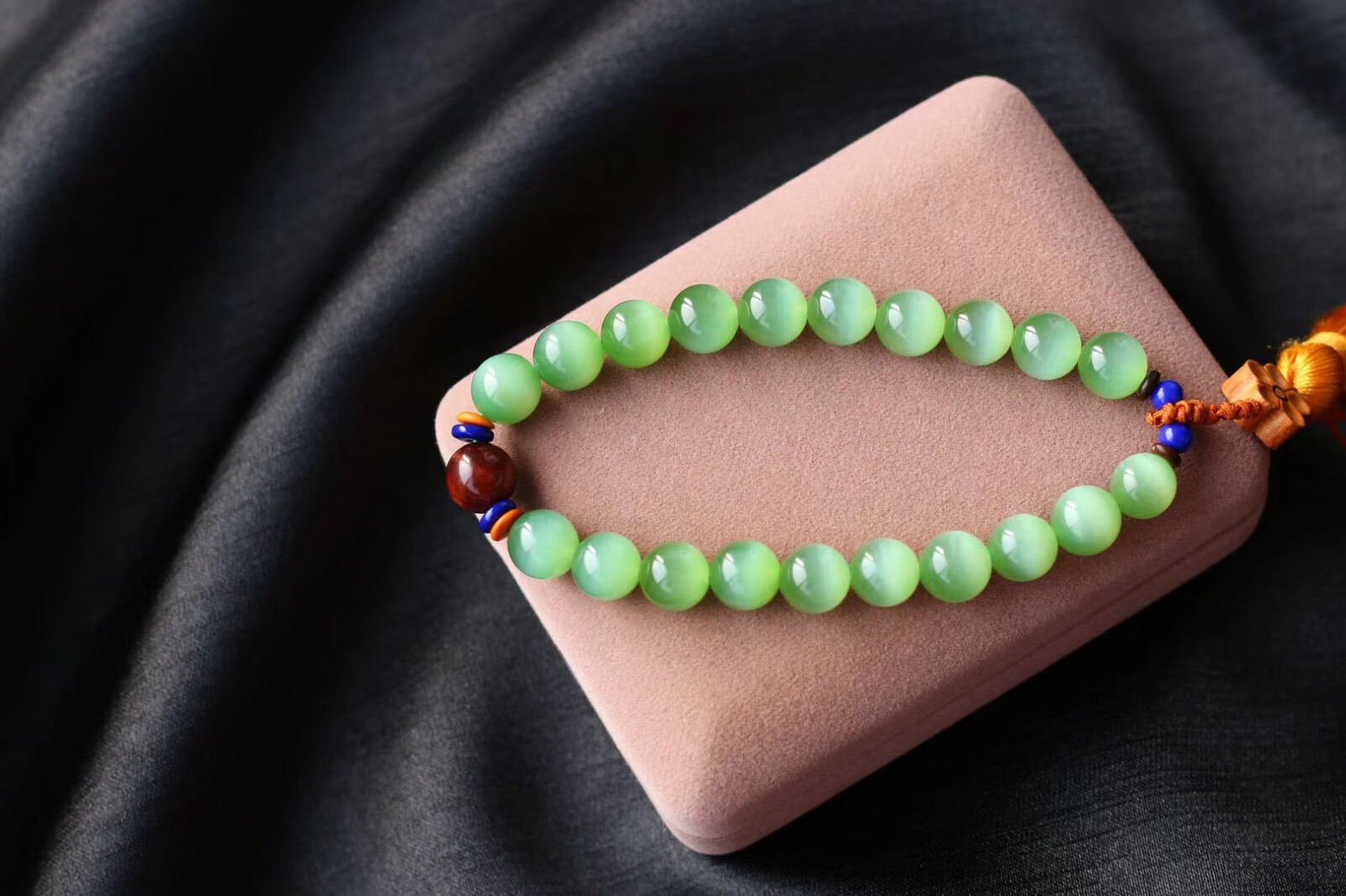 金召玉 和田玉碧玉粉青俄料冰底猫眼手链荧光男士佛珠念珠女款十八子