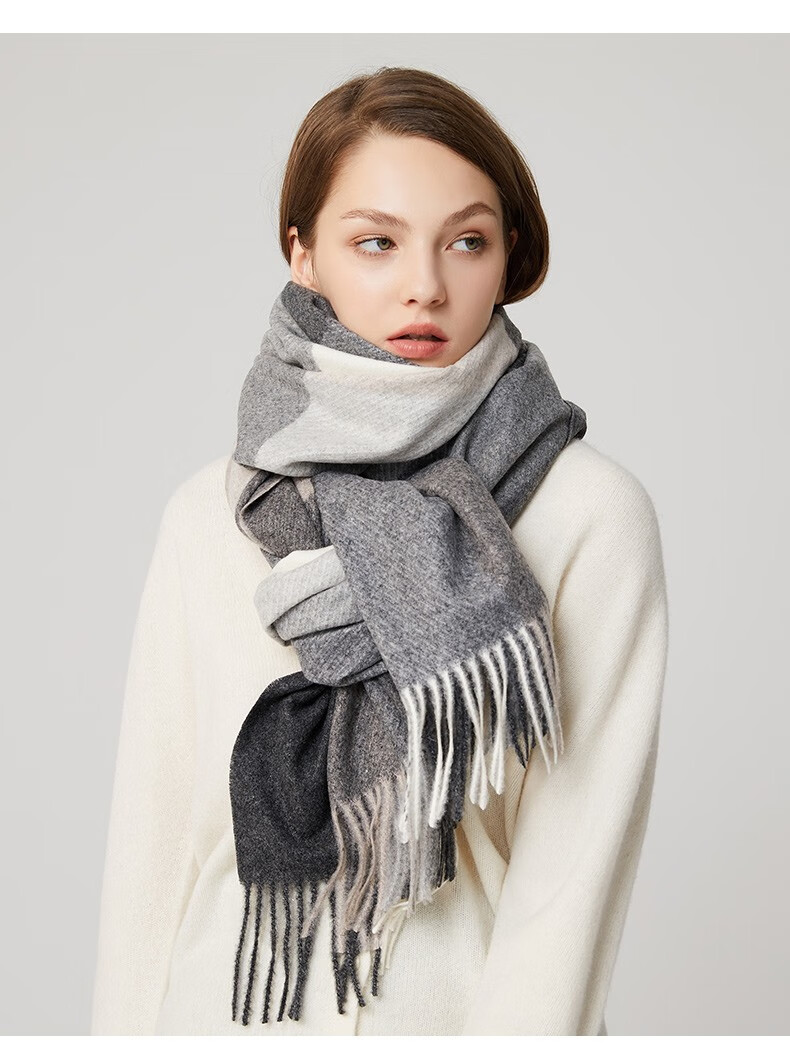 法贝莎品牌羊毛围巾女冬季新款礼物围脖拼色加厚格子大披肩灰黑格200