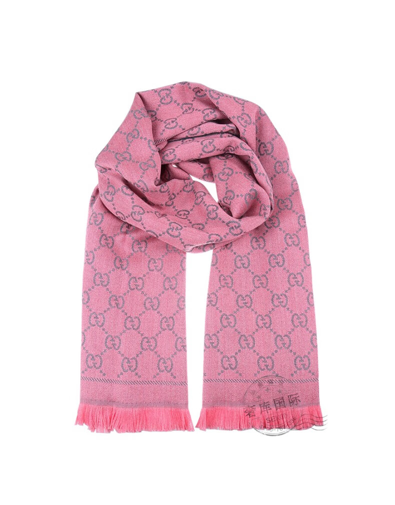新年礼物gucci古驰围巾女款灰粉色流苏双g织花羊毛围巾1334833g