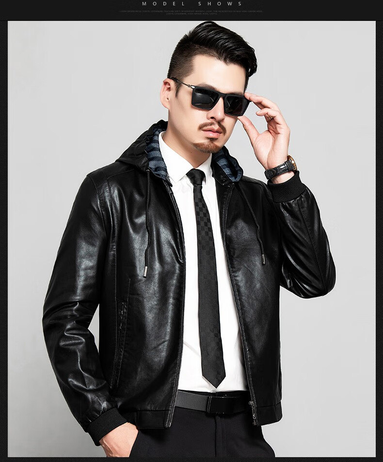 乔亚阿玛尼皮衣轻奢品牌皮衣男士皮衣外套绵羊皮夹克中老年秋冬连帽