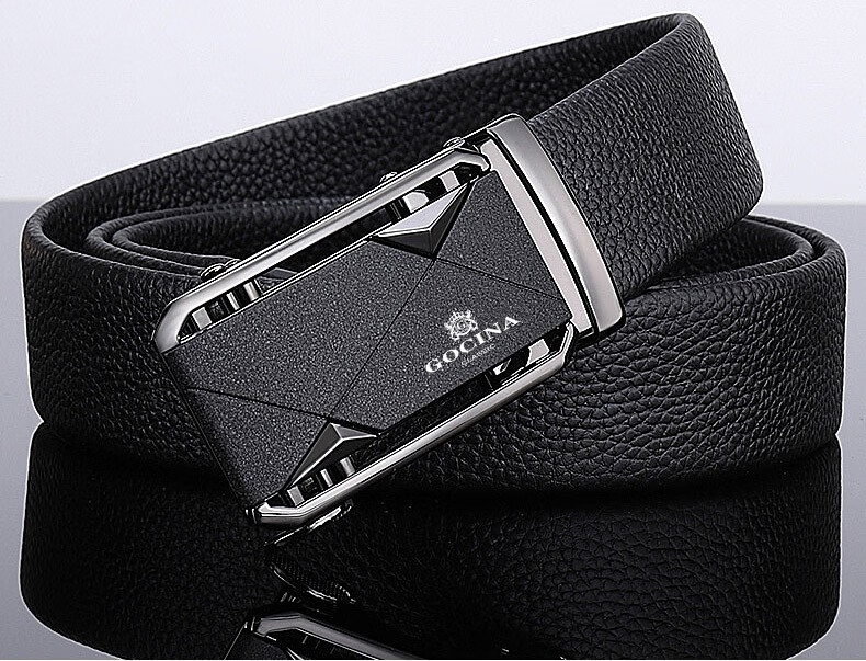 库奇世家皮带男士自动扣头层牛皮商务休闲青年裤腰带黑色110