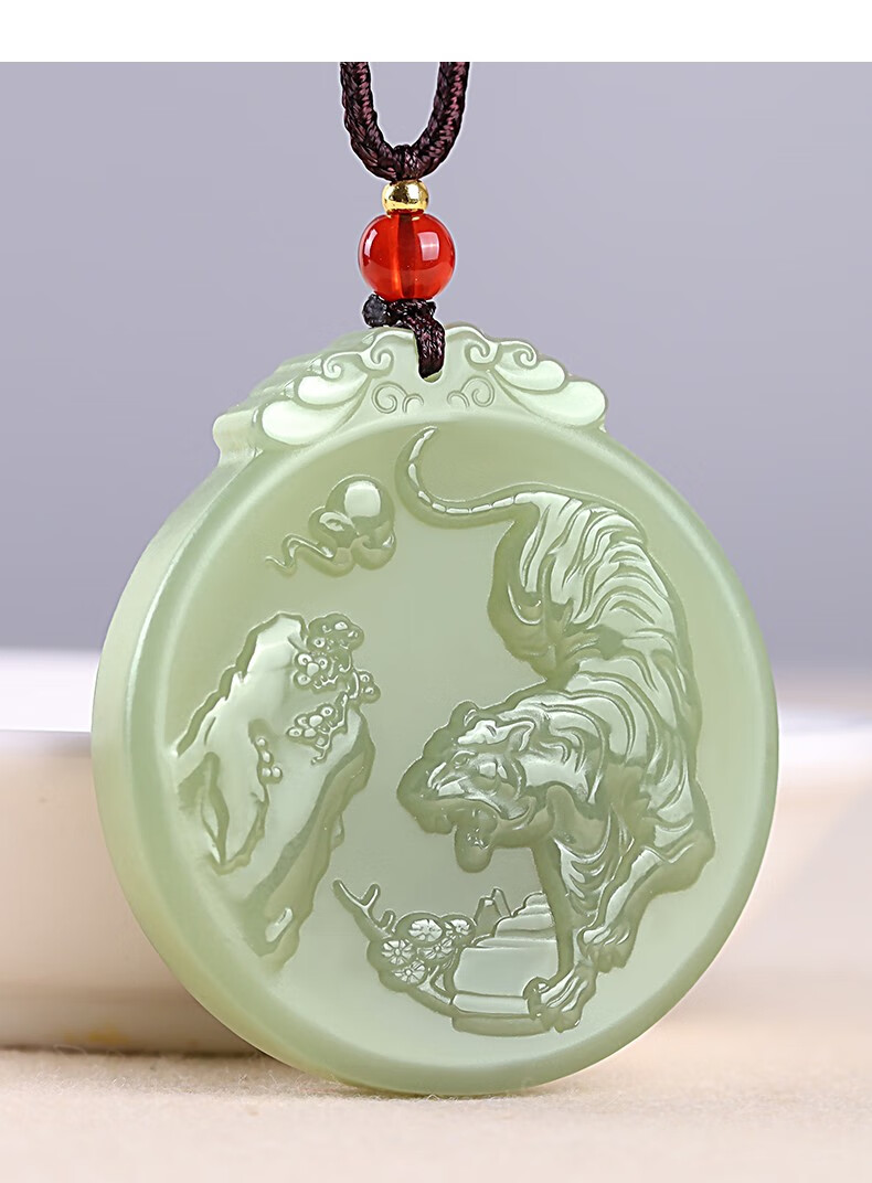 瑱瑜珠宝和田玉老虎吊坠圆形虎牌项链上山虎下山虎生肖虎属虎挂件玉坠