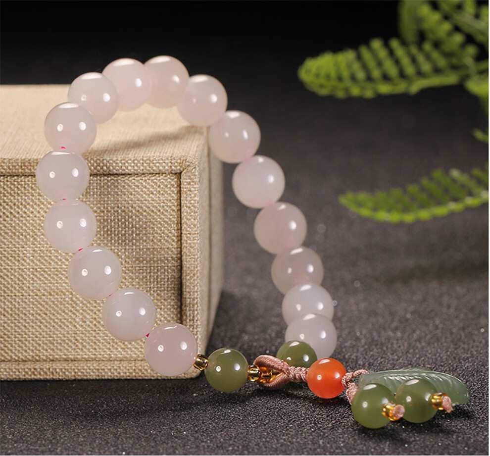 玉之舞天然和田玉藕粉白玉圆珠手链手串10mm女款时尚藕粉手串女款手链