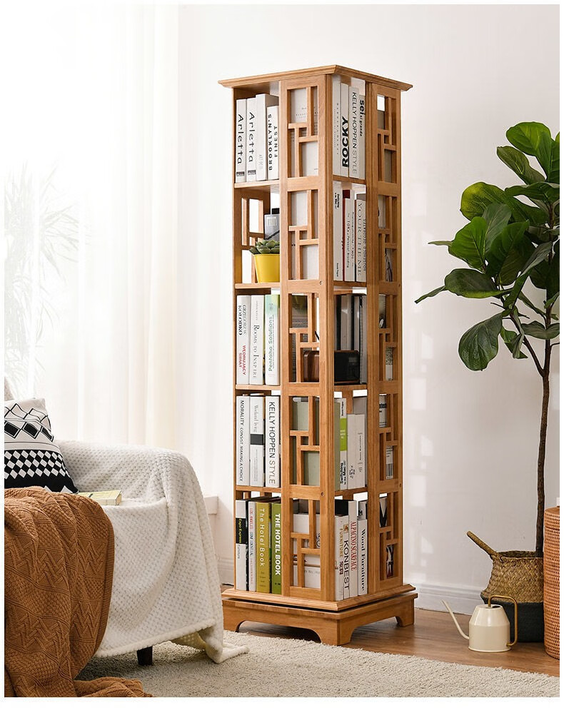 叶氏木语新中式旋转书架实木书柜360度旋转落地置物架家用客厅简易