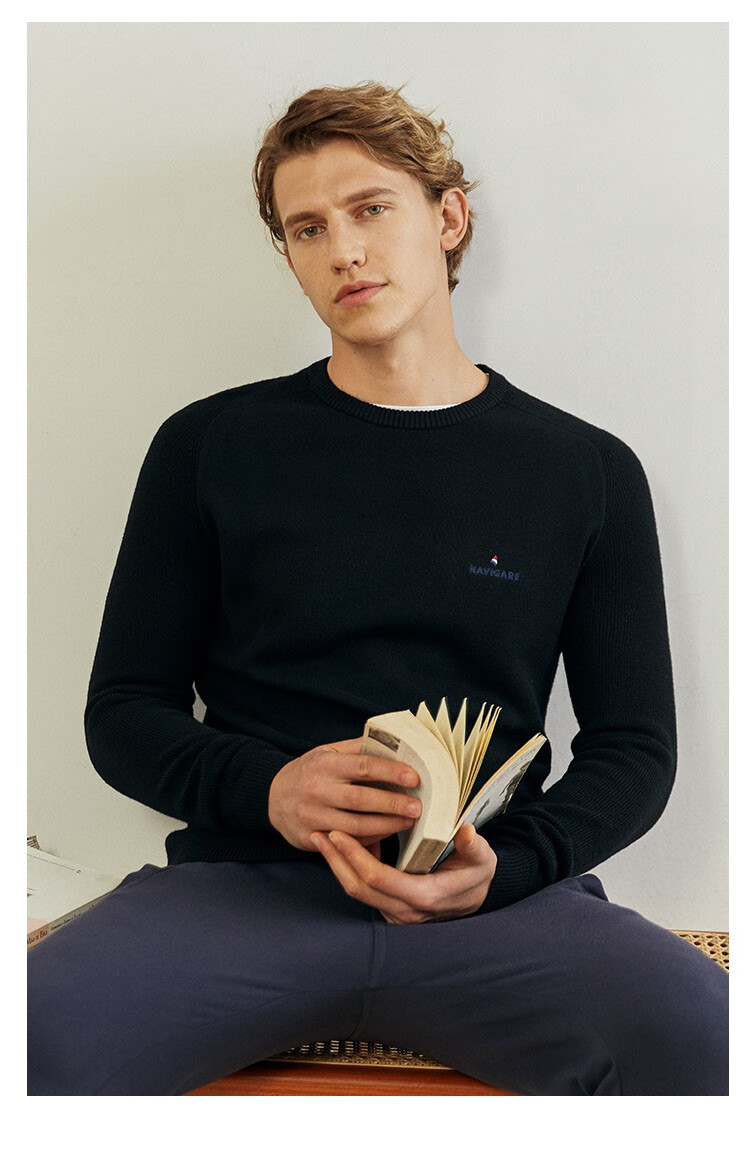 navigare纳维凯尔意大利小帆船男士春季纯羊毛圆领长袖刺绣毛衣针织衫