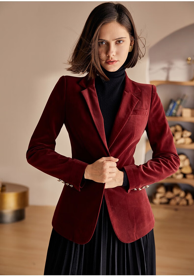 罗衣气质枣红色丝绒西装外套女冬装新款天鹅绒修身西服03165枣红色m