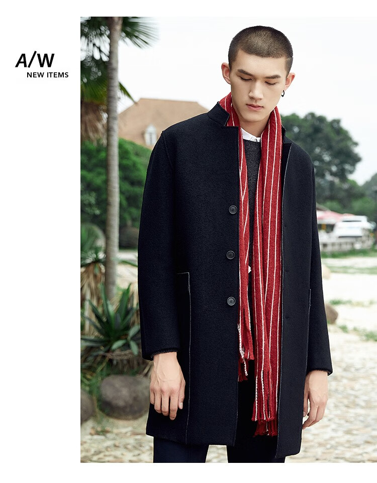 riverstone男装男士羊毛大衣中长款冬季新款韩版修身毛呢外套男黑色s