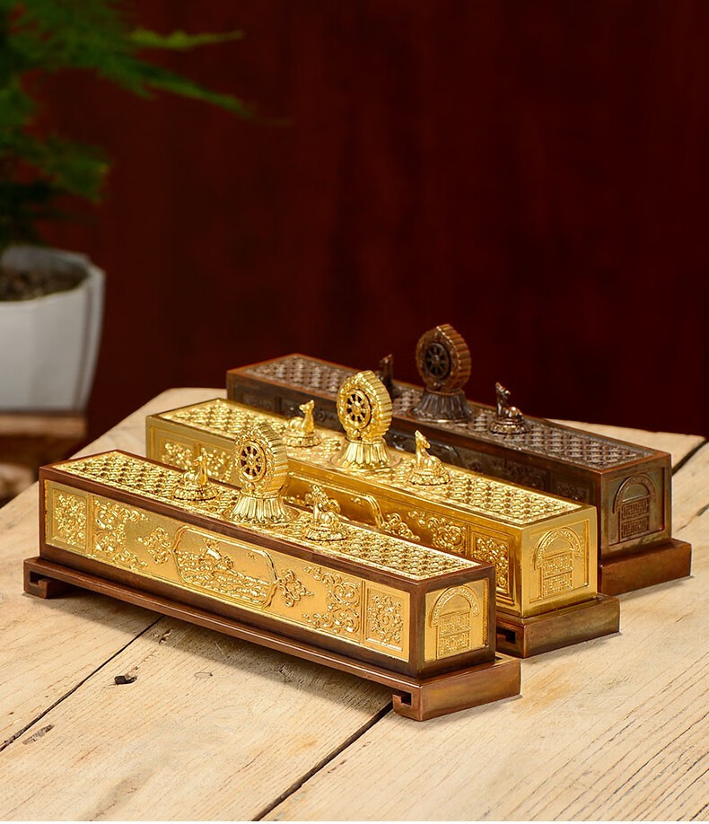 汉宫双鹿纯铜卧香炉藏式密宗供佛香道八吉祥线香盒家用室内香薰炉送