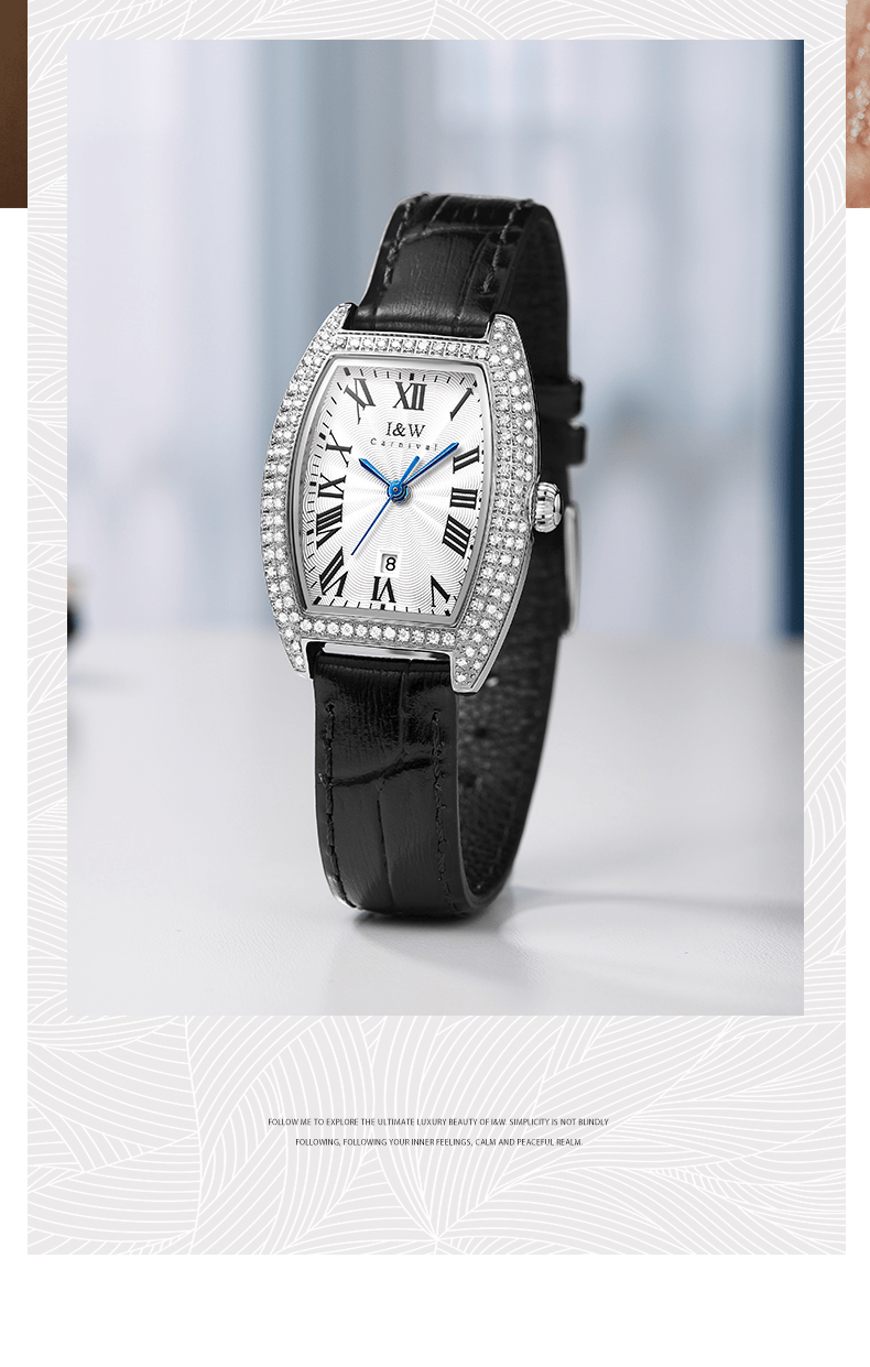 瑞士爱沃驰iw闪耀欧式复古小方盘优雅石英手表女士表 白面玫钻圈黑带2