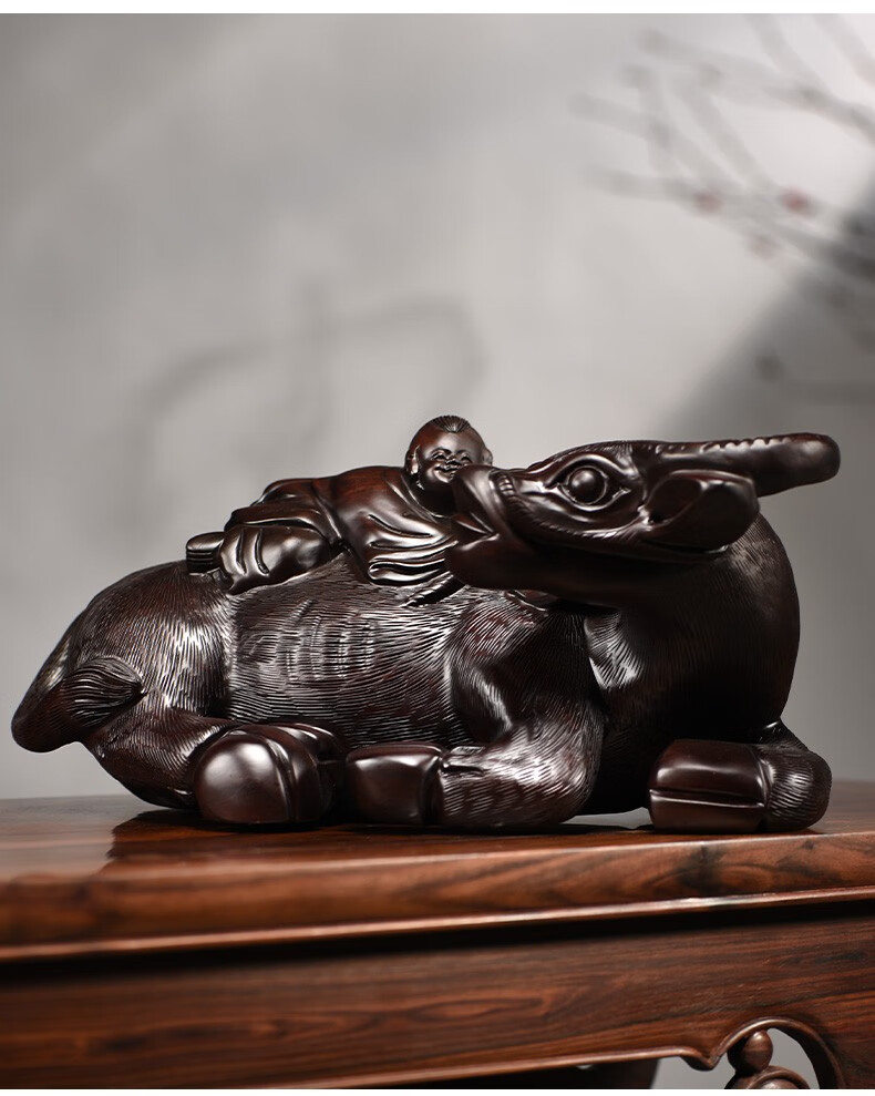 浣彩黑檀木雕卧牛摆件牧童骑牛家居办公室装饰摆设新居开业送礼工艺品