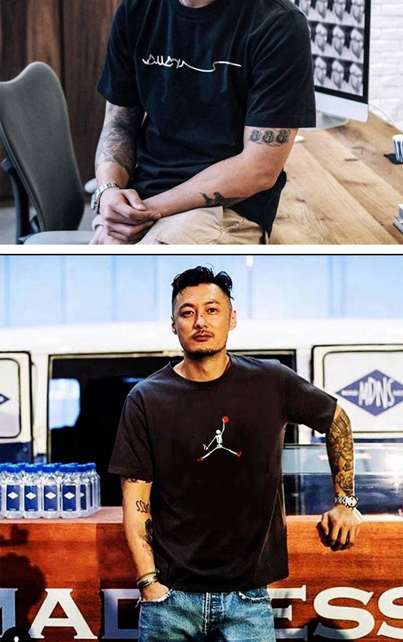 余文乐2022港风新款夏季短袖t恤男宽松圆领纯棉半袖沙滩上衣男装a黑