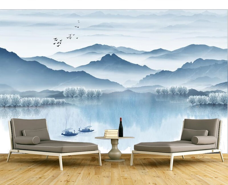 整体大型墙布水墨山水画装修家用电视背景墙壁画书房办公室国画墙纸