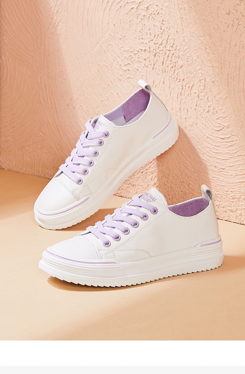 康奈女鞋春秋新款女士牛皮休闲鞋百搭圆头系带潮流拼色休闲板鞋