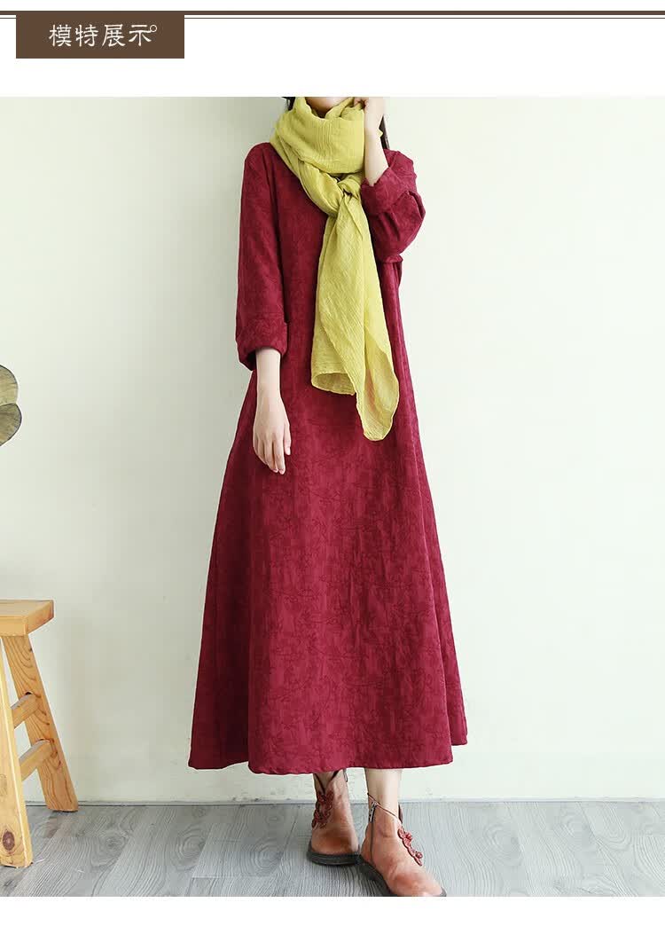 民族风盘扣棉麻长袖连衣裙长款宽松提花高腰大摆裙打底长裙藏青均码cm