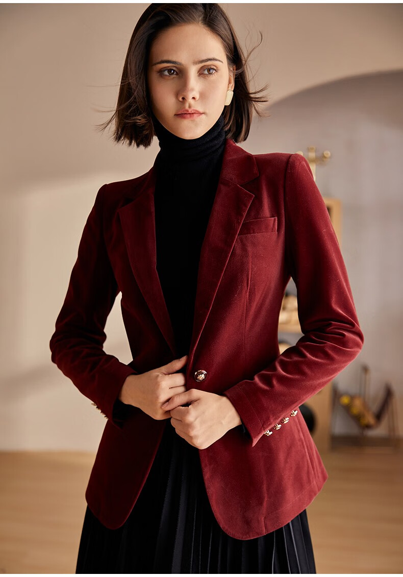 罗衣气质枣红色丝绒西装外套女2020冬装新款天鹅绒修身西服03165 枣