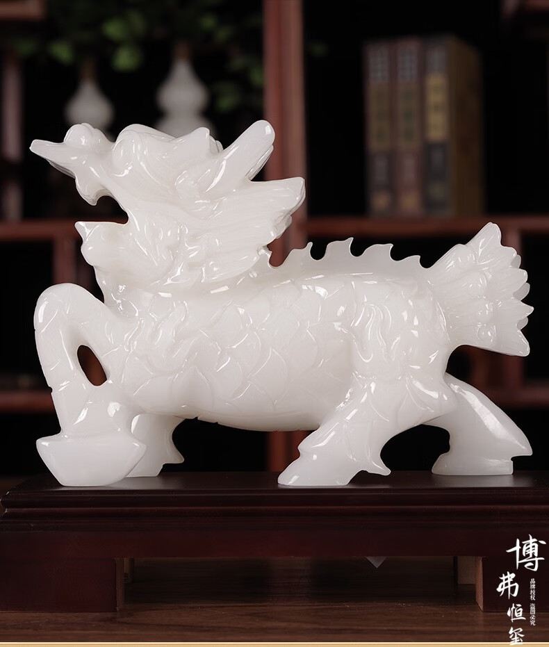 博弗恒玺玉石麒麟摆件一对天然白玉真玉手工玉雕工艺品酒柜办公室桌