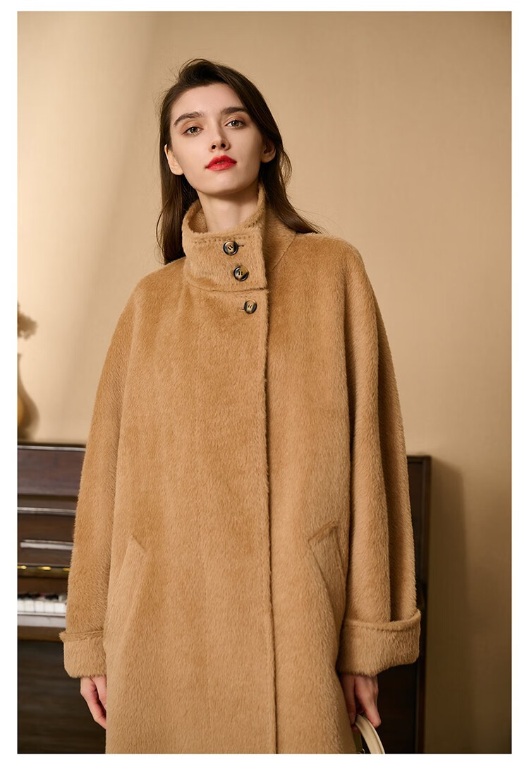 瑟俐品牌高端气质灰色双面苏力羊驼绒大衣女中长款简约毛呢外套冬季