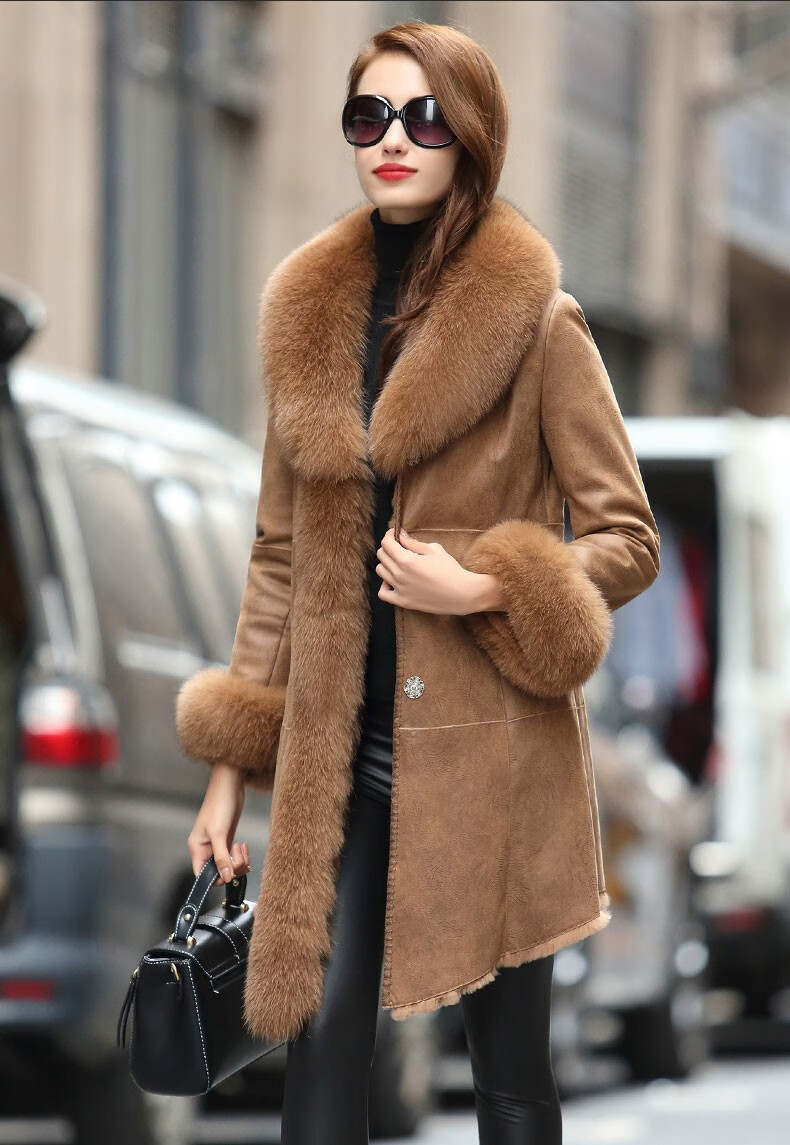 欧迪鸟品牌女装皮毛一体女装外套中长款真皮皮衣狐狸毛领皮草大衣女