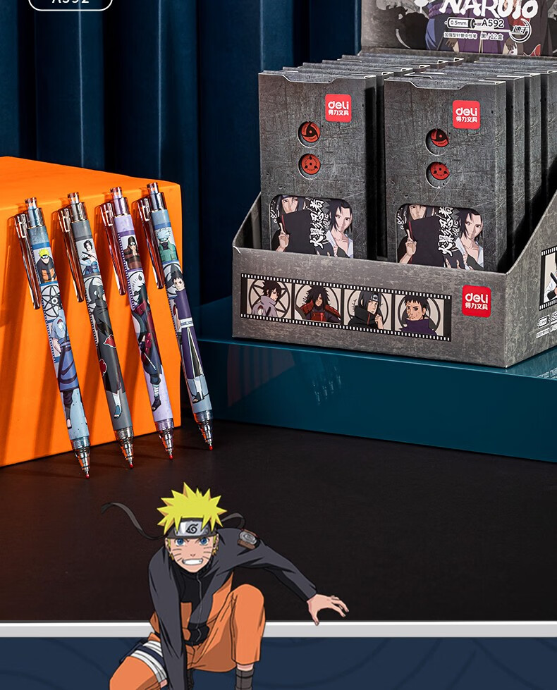 得力deli火影忍者中性笔签字笔05mm加强型针管速干按动笔黑色4支盒a
