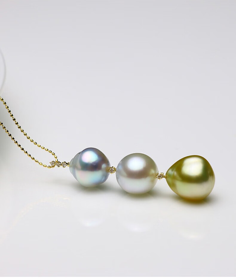 珍媄珠宝18k金钻石无核keshi海水珍珠吊坠项链含18k金针式珠链三色