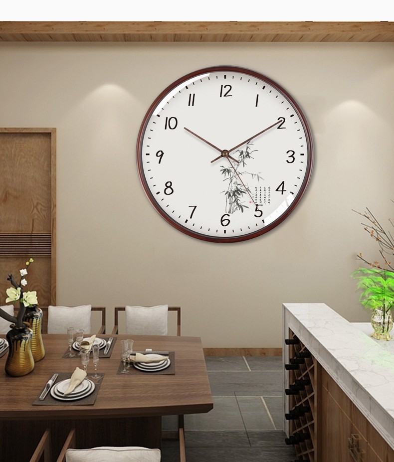 屯奇居tqj静音实木挂钟创意客餐厅家用时尚时钟挂墙新中式电波石英