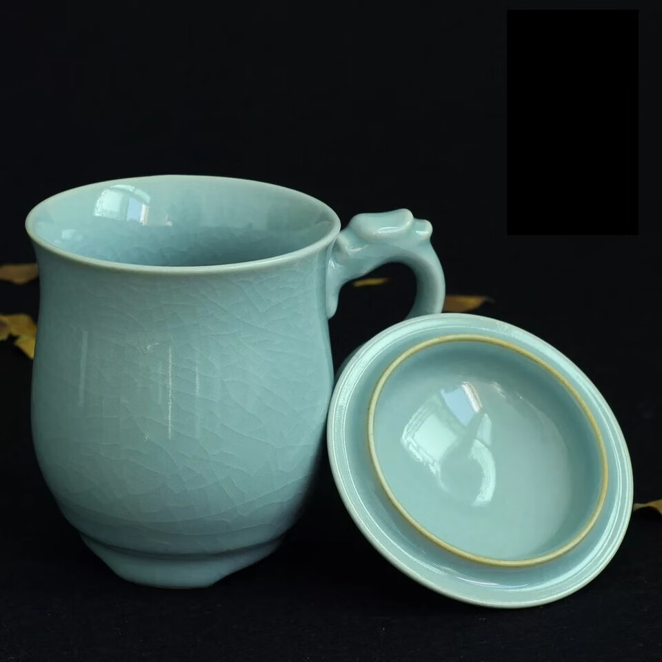 《厂家直销保真》原值698礼盒包装总理杯老板杯汝窑杯带盖陶瓷(青色)