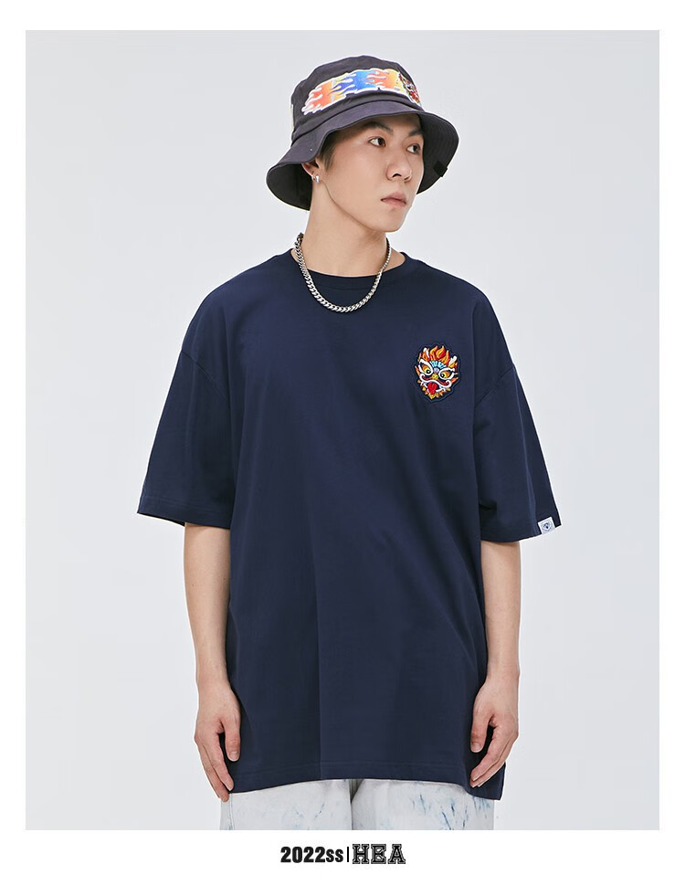 畏国潮狮头刺绣宽松休闲男女同款短袖t恤 蓝色m 3xl【图片 价格 品牌